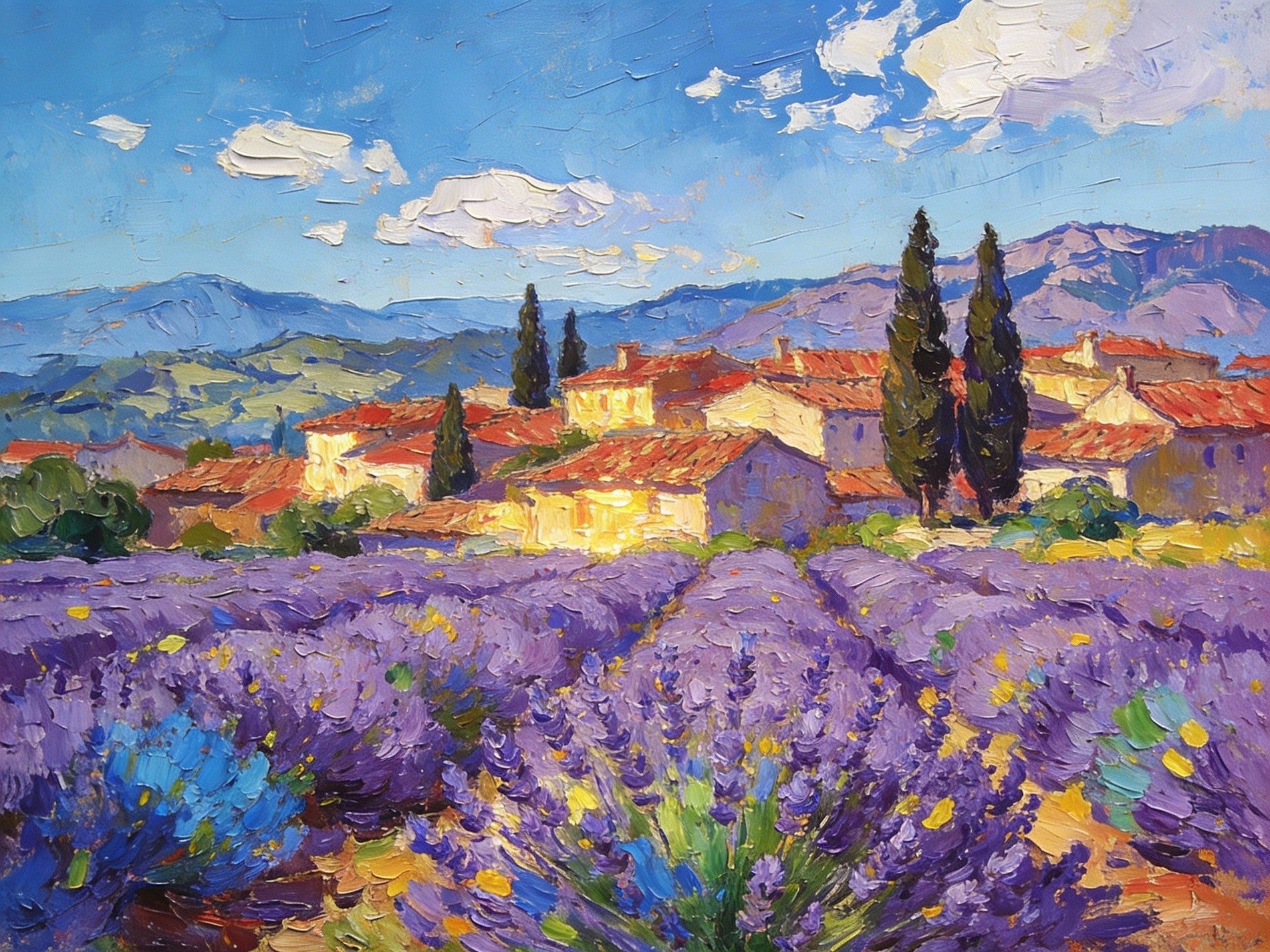 Small Wall Paintings Provencal Village With Lavender And Cypress, French Countryside Landscape Art, Purple Lavender Fields Painting, Cypress Trees In Provence Art, Original Small Impressionist Oil Painting