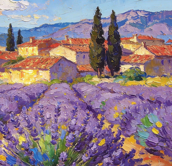Small Wall Paintings, Provençal Village with Lavender and Cypress, On Canvas Small Paintings, Original Wall Art Paintings, Original Artwork Small Paintings, Small Landscape Paintings, Impasto Artwork-HomePaintingDecor