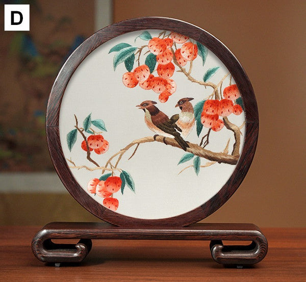 Premium Souvenir, Silk Embroidered Ornament, Exclusive Business Presents, Creative Birthday Gift, Traditional Chinese Suzhou Flower and Birds Embroidery Ornaments-HomePaintingDecor