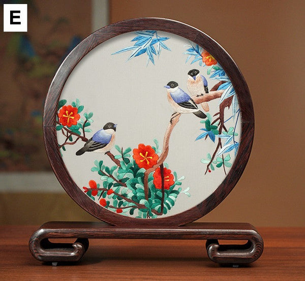 Premium Souvenir, Silk Embroidered Ornament, Exclusive Business Presents, Creative Birthday Gift, Traditional Chinese Suzhou Flower and Birds Embroidery Ornaments-HomePaintingDecor