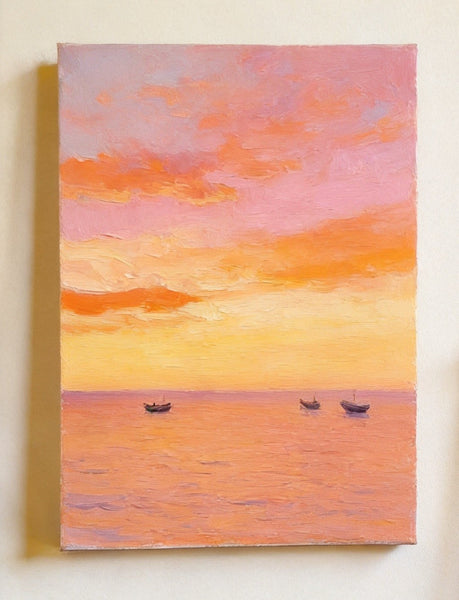Original Oil Paintings, Hand Painted Canvas Artwork, Sunset Sail on the Horizon, Original Seascape Paintings, Buy Small Paintings Online-HomePaintingDecor