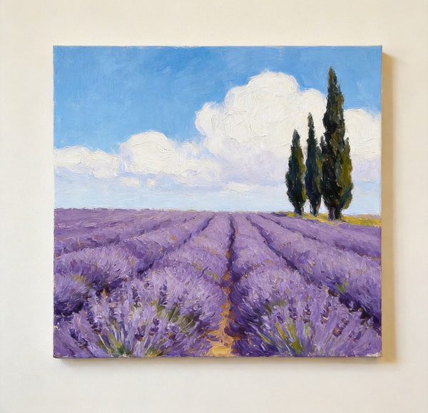 Small Canvas Artwork, Cypress by the Lavender Field, Hand Painted Canvas Art, Original Landscape Paintings, Original Oil Paintings, Buy Small Paintings Online-HomePaintingDecor