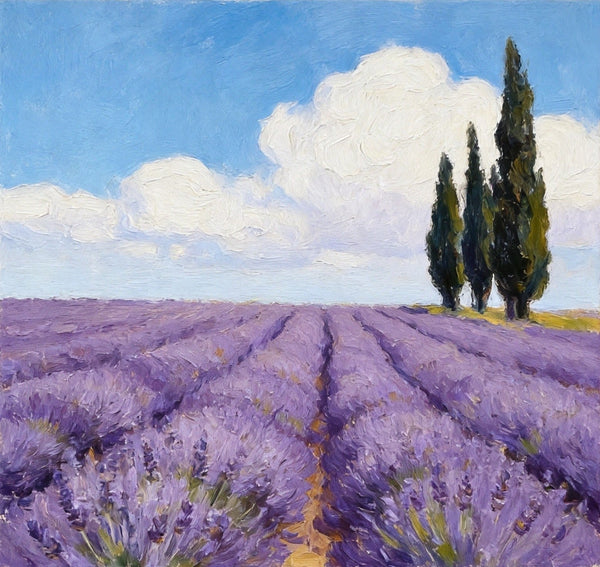 Small Canvas Artwork, Cypress by the Lavender Field, Hand Painted Canvas Art, Original Landscape Paintings, Original Oil Paintings, Buy Small Paintings Online-HomePaintingDecor