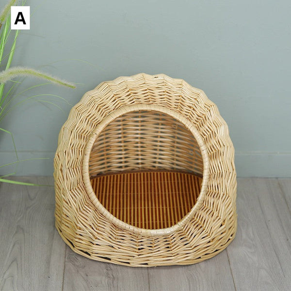 Hand woven Rattan Cat Bed, Natural Wicker Cat House Basket with Washable Cushion for Indoor Cats and Dogs-HomePaintingDecor