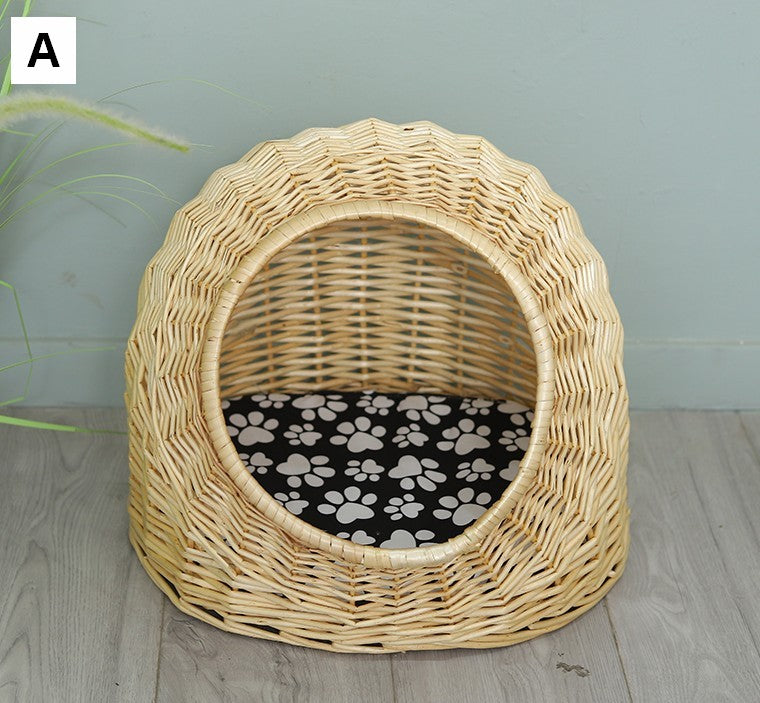 Hand woven Rattan Cat Bed, Natural Wicker Cat House Basket with Washable Cushion for Indoor Cats and Dogs-HomePaintingDecor