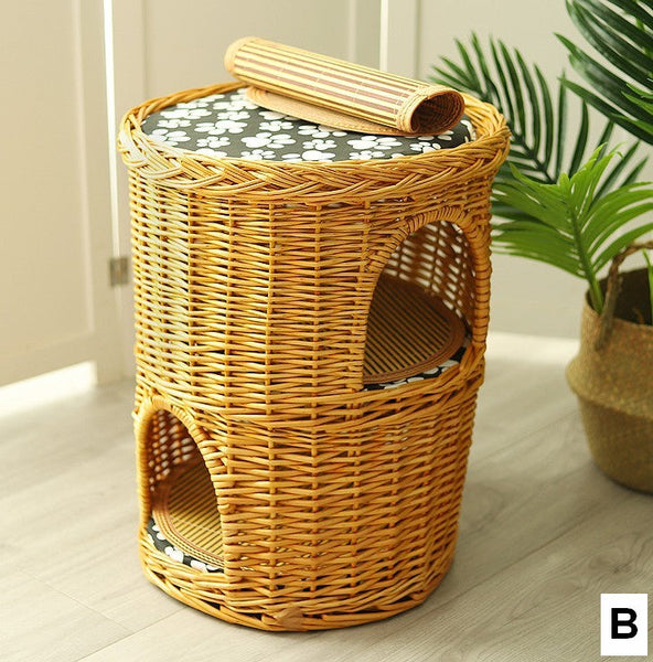Large Cat House Basket with Washable Cushion for Indoor Cats and Dogs, Triple-Layer Cat Bed