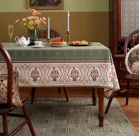 Rectangle Table Cover Ideas for Dining Table, Square Tablecloth for Round Table, Green Flower Pattern Table Cover for Kitchen, Outdoor Picnic Tablecloth-HomePaintingDecor