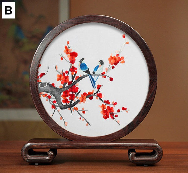 Unique Birthday Gift, Flower and Bird Embroidery Ornaments, Traditional Chinese Suzhou Silk Embroidered Ornament, Premium Souvenir, Exclusive Business Presents-HomePaintingDecor