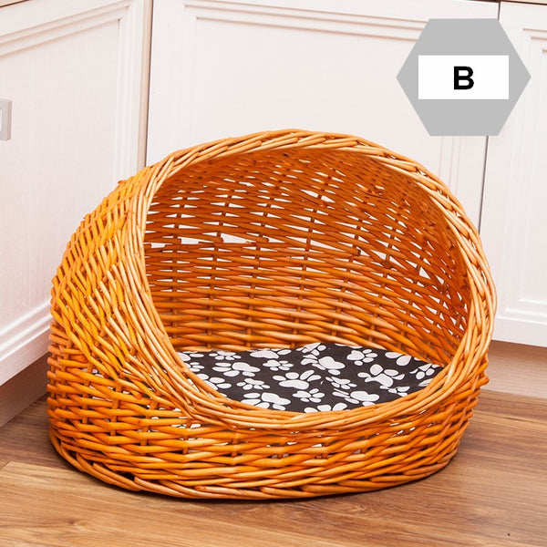 Natural Wicker Cat House Basket with Washable Cushion for Indoor Cats and Dogs, Hand woven Rattan Cat Bed-HomePaintingDecor