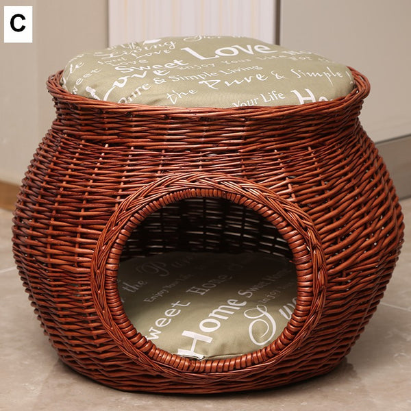 Rattan Cat Bed, Wicker Cat House Basket with Washable Cushion for Indoor Cats and Dogs-HomePaintingDecor