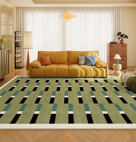 Mid Century Modern Rugs, Green Geometric Contemporary Rugs, Modern Living Room Rug Ideas, Colorful Area Rugs for Dining Room-HomePaintingDecor