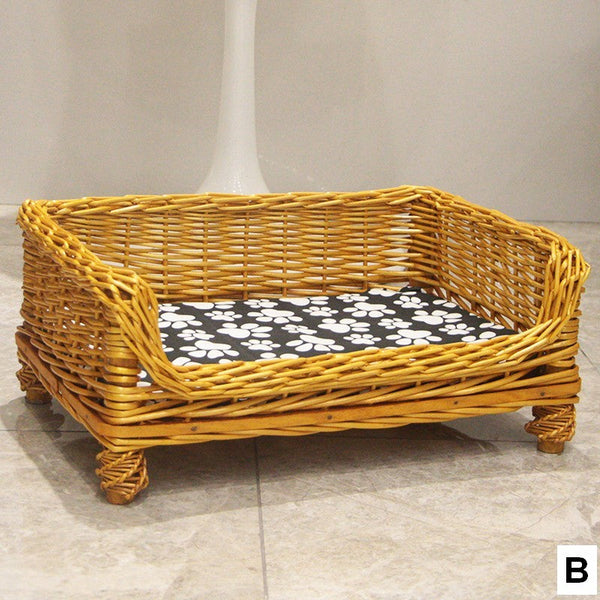 Large Natural Wicker Dog Bed with Washable Cushion for Indoor Cats and Dogs, Hand Woven Rattan Cat Beds-HomePaintingDecor