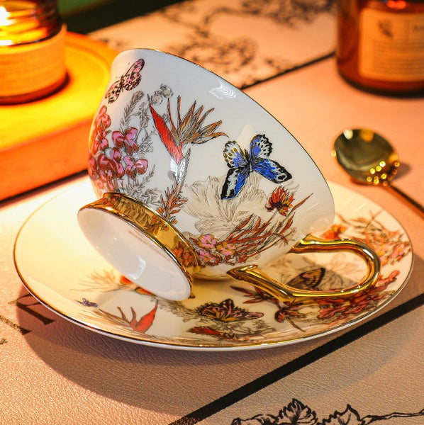 British Afternoon Tea Cup and Saucer Set, Ceramic Coffee Cups in Gift Box, Butterfly Pattern Porcelain Tea Cup and Saucer Set-HomePaintingDecor