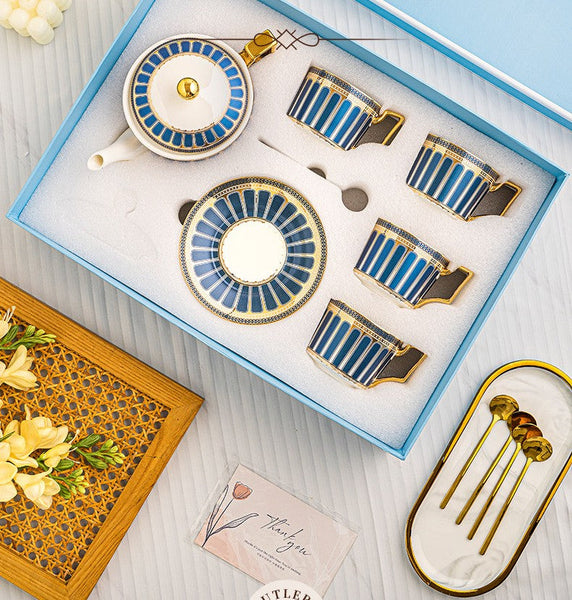 Porcelain Tea Cup and Saucer Set of 4 cups, British Tea Cup Set, 7.4 oz Blue Ceramic Tea Cup and Saucer Set with Teapot, Modern Blue Coffee Cup with Saucer-HomePaintingDecor