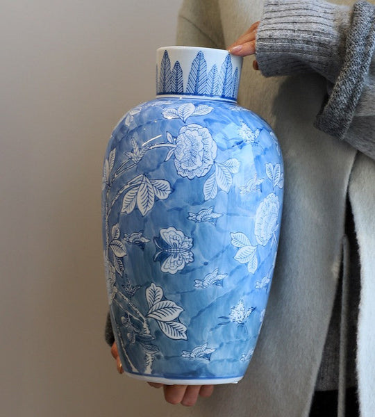 Centerpiece Ceramic Bouquet Vases, Handmade Modern Flower Vase, Large Flower Vases on Dining Table, Blue Porcelain Flower Vases-HomePaintingDecor