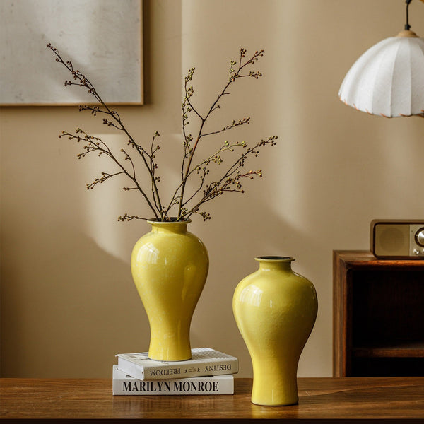 Porcelain Flower Vases, Handmade Water Holding Flower Vase, Yellow Flower Vases on Table, Ceramic Bud Vases-HomePaintingDecor