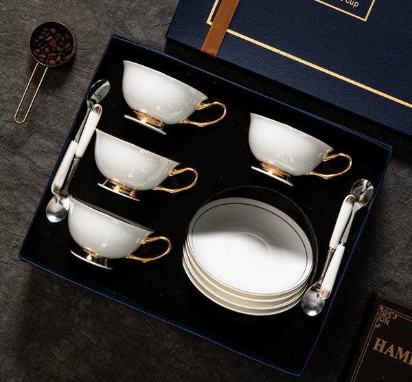 Porcelain Tea Cup Saucer Set, White Ceramic Cups, 7.8 oz British Ceramic Coffee Cups, Unique Tea Cup and Saucer in Gift Box-HomePaintingDecor