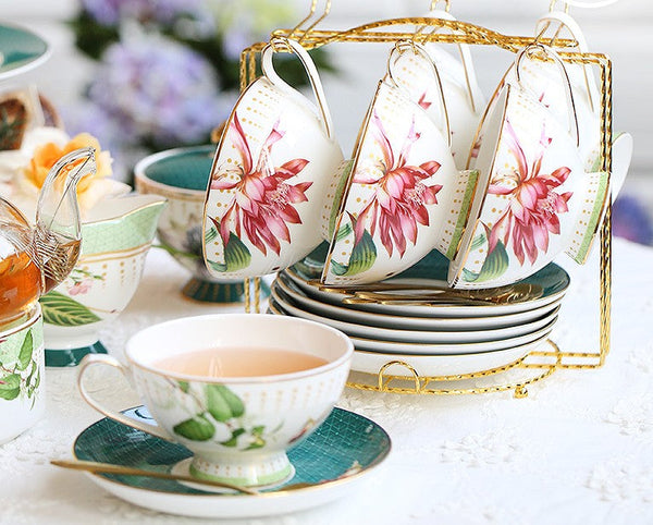 Lotus Flower Porcelain Tea Cup Saucer Set, Elegant Ceramic Coffee Cups, Beautiful British Tea Cups, Traditional English Tea Cup and Saucer-HomePaintingDecor