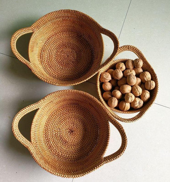 Woven Round Storage Basket, Storage Baskets for Kitchen, Rattan Storage Basket with Handle, Storage Basket for Dining Room, Set of 3-HomePaintingDecor