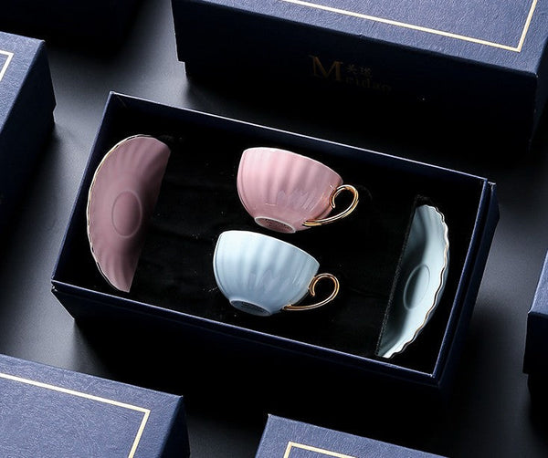 Elegant Macaroon Ceramic Coffee Cups, Beautiful British Tea Cups, Creative Porcelain Tea Cup Saucer Set of 2 Cups, 6.8 oz Tea Cup and Saucer in Gift Box as Birthday Gift-HomePaintingDecor