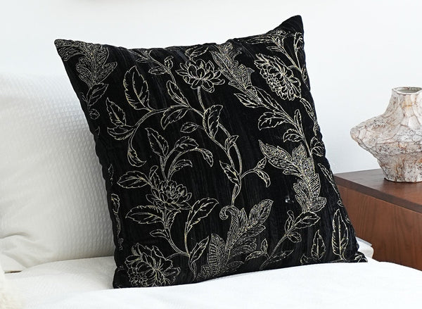 Contemporary Modern Sofa Pillows, Black Embroidery Flower Pattern Pillows for Couch, Decorative Throw Pillows for Bedroom, Large Modern Sofa Pillow for Dining Room-HomePaintingDecor