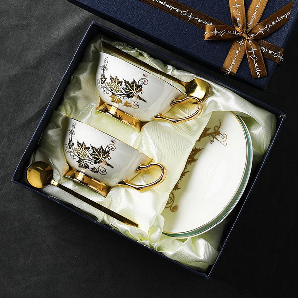Elegant British Ceramic Coffee Cups, 7.4 oz Golden Leaves and Grapes Porcelain Tea Cup Saucer Set, Unique British Tea Cup and Saucer in Gift Box-HomePaintingDecor