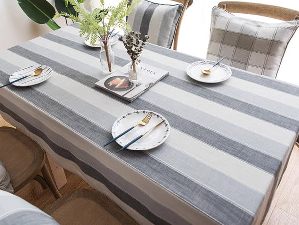 Rectangular Table Covers for Coffee Table, Modern Table Cloths for Dining Room, Gray Stripe Rectangular Tablecloth for Oval Table, Cotton and Linen Tablecloths-HomePaintingDecor