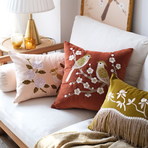 Modern Throw Pillows for Bedroom, Decorative Pillows for Couch, Vintage Decorative Pillows, Embroidered Birds Cushion, Decorative Pillow Arrangement Ideas for Couch-HomePaintingDecor