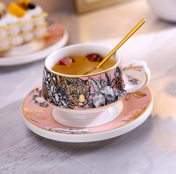 Unique Ceramic Cups with Gold Trim and Gift Box, Creative Ceramic Tea Cups and Saucers, Jungle Tiger Cheetah Porcelain Coffee Cups-HomePaintingDecor