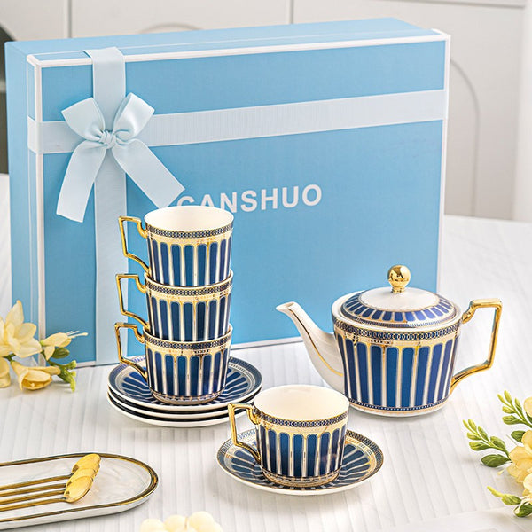 Elegant Blue Ceramic Tea Cup and Saucer Set of 4 cups with Teapot, 7.4 oz Porcelain Tea Cup and Saucer Set, British Tea Cup Set, Modern Blue Coffee Cup with Saucer-HomePaintingDecor