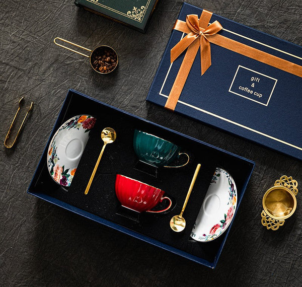 Elegant Ceramic Coffee Cups, Beautiful British Tea Cups, Creative Porcelain Tea Cup Saucer Set, 6.8 oz Tea Cup and Saucer in Gift Box-HomePaintingDecor
