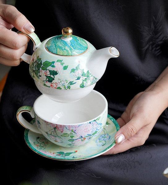 Vintage Style Stackable Tea Pot Set, English Style Tea Pot and Cup Set, Ceramic Tea Pot with Integrated Cup, Mother-and-Baby Teapot with Matching Saucer-HomePaintingDecor