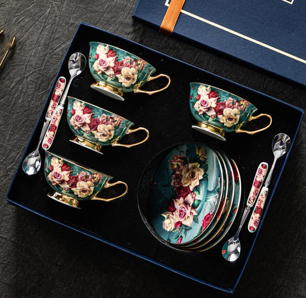 Large Rose Royal Ceramic Cups, Afternoon Bone China Porcelain Tea Cup Set, Unique Tea Cups and Saucers in Gift Box, Elegant Flower Ceramic Coffee Cups-HomePaintingDecor
