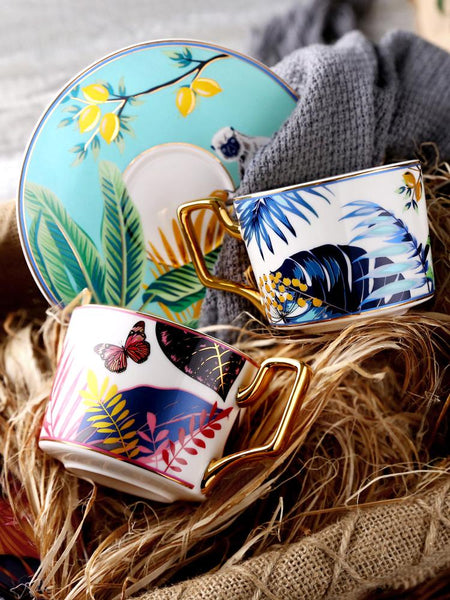 Elegant Porcelain Coffee Cups, Coffee Cups with Gold Trim and Gift Box, Tea Cups and Saucers, Jungle Animal Porcelain Coffee Cups-HomePaintingDecor