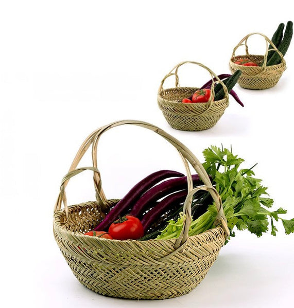 Large Picnic Food Basket with Handle, Natural Hand-woven Bamboo Basket, Lovely Bamboo Baskets for Vegetable, Natural Fruit Basket Kitchen Storage Baskets-HomePaintingDecor