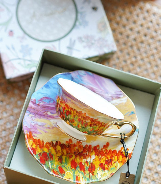 Elegant Ceramic Coffee Cups, Flower Field Vintage Porcelain Tea Cup Saucer Set, Unique British Tea Cup and Saucer in Gift Box, Royal Ceramic Cups-HomePaintingDecor