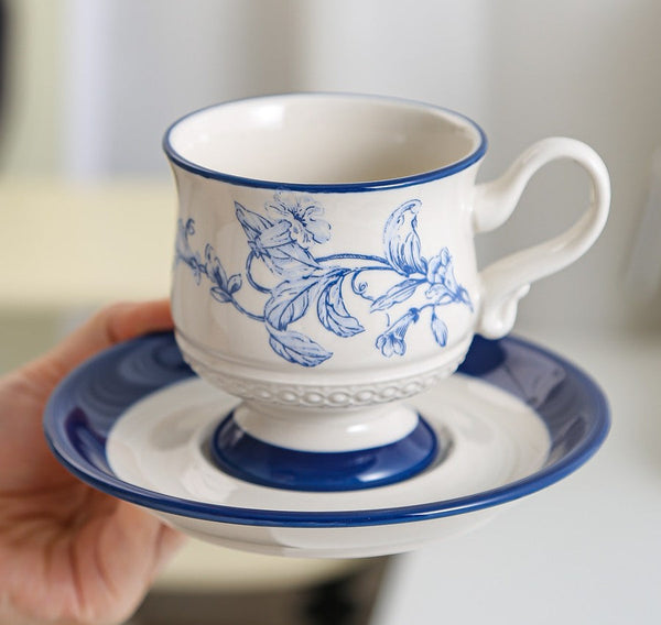 Creative Blue Coffee Cup and Saucer, 8 oz Ceramic Cups for Traditional Afternoon Tea, Creative Porcelain Tea Cup Saucer Set, Beautiful British Tea Cups-HomePaintingDecor