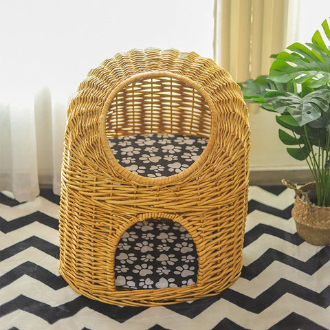Large Double-Layer Cat Bed, Wicker Cat House Basket with Washable Cushion for Indoor Cats and Dogs-HomePaintingDecor