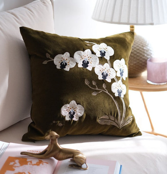 Large Decorative Pillows for Couch, Dark Olive Green Embroidered Moth Orchid Cushion, Decorative Pillow Arrangement Ideas for Couch, Living Room Decorative Pillows, Modern Throw Pillows for Bedroom-HomePaintingDecor