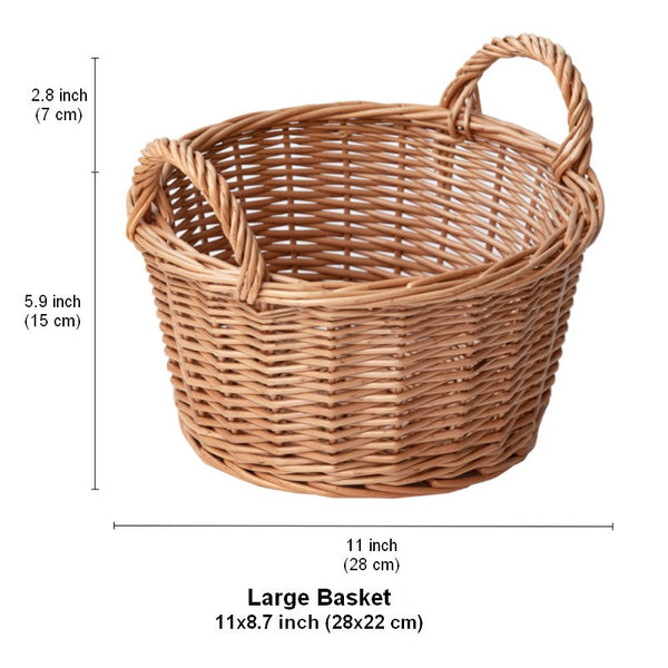 Large Picnic Fruit Basket with Handle, Natural Hand-woven Wicker Round Storage Basket, Lovely Willow Weaving Baskets for Vegetable, Natural Fruit Storage Basket, Kitchen Storage Baskets-HomePaintingDecor