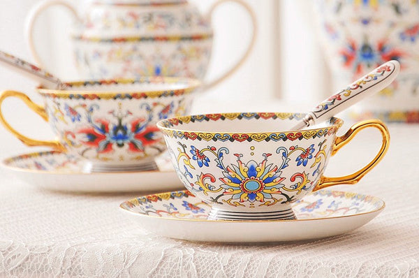Bohemia Ceramic Coffee Cups, Creative Ceramic Cups, China Porcelain Tea Cup Saucer Set, Unique Traditional Afternoon Tea Cup and Saucer-HomePaintingDecor