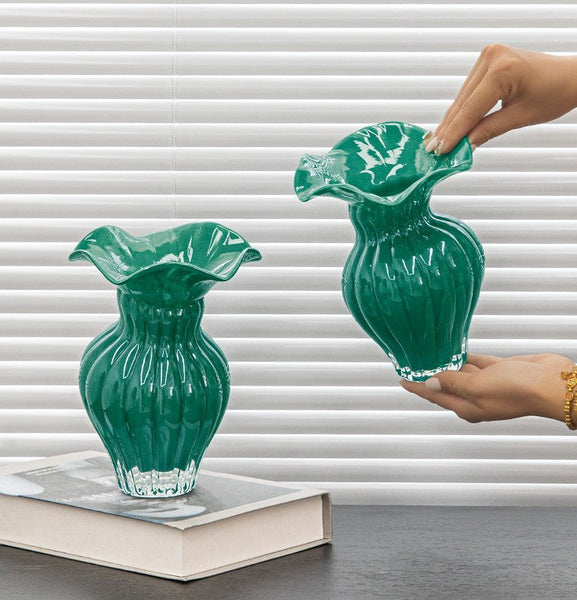 Unique Handmade Liuli Vases, Color Glaze Vase, Contemporary Vases for Modern Home Decor, Green Glass Bud Vases, Centerpiece Vases on Table-HomePaintingDecor