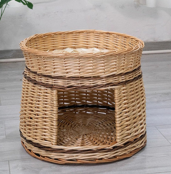 Large Double-Layer Cat Bed, Wicker Cat House Basket with Washable Cushion for Indoor Cats and Dogs-HomePaintingDecor