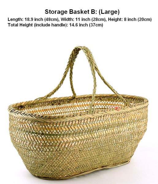 Picnic Food Basket with Handle, Large Natural Hand-woven Bamboo Basket, Lovely Bamboo Baskets for Vegetable, Natural Fruit Basket Kitchen Storage Baskets-HomePaintingDecor