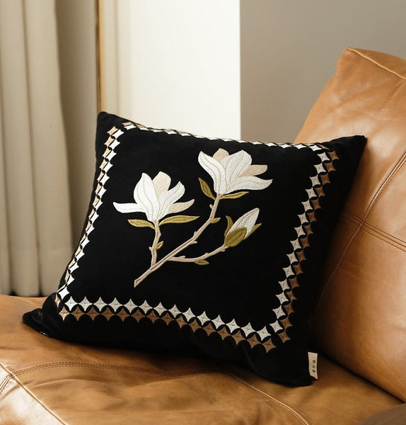 Magnolia Embroidered Cushion, Decorative Pillow Arrangement Ideas for Couch, Large Decorative Pillows for Couch, Modern Throw Pillows for Bedroom, Living Room Decorative Pillows-HomePaintingDecor
