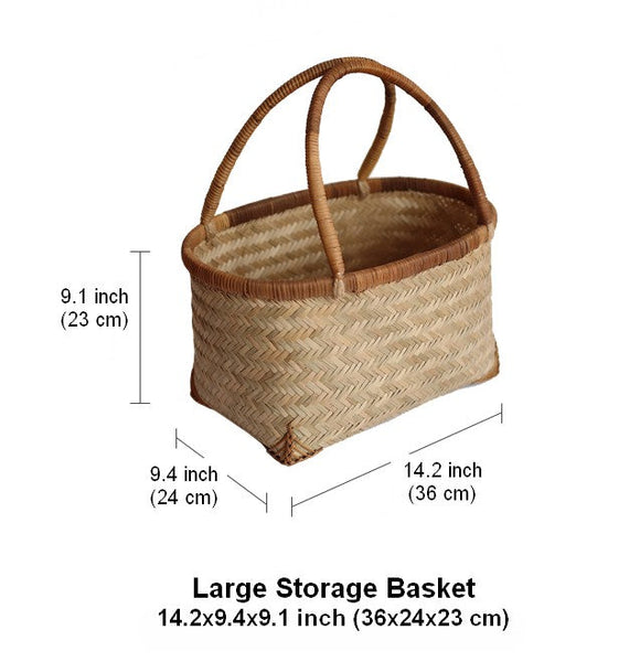 Storage Basket with Handle, Large Kitchen Storage Baskets, Natural Hand-woven Bamboo Storage Basket, Lovely Bamboo Weaving Baskets for Vegetable, Picnic Fruit Storage Baskets-HomePaintingDecor