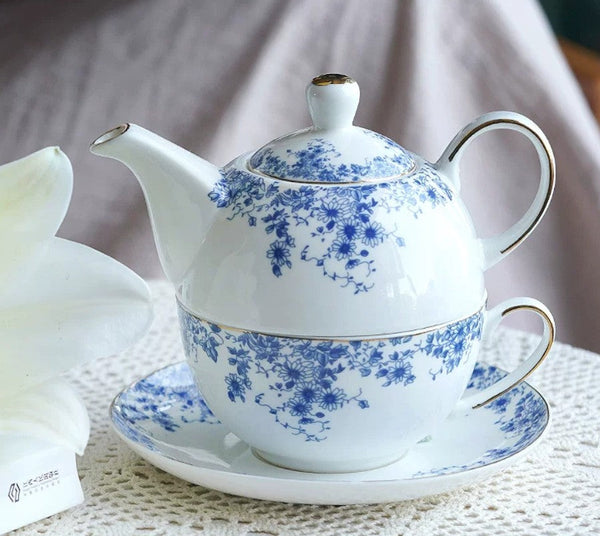 British Style Porcelain Teapot with Matching Cup and Saucer in Gift Box, Ceramic Tea Pot with Integrated Cup, Stackable Teapot and Cup Set, Mother-and-Baby Teapot with Matching Saucer-HomePaintingDecor