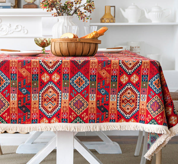 Oriental Red Rectangular Table Covers for Coffee Table, Bohemian Rectangular Tablecloth for Oval Table, Large Modern Linen Tablecloths-HomePaintingDecor