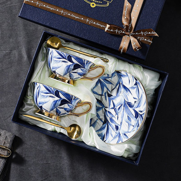 Unique British Tea Cup and Saucer in Gift Box, Blue Porcelain Tea Cup Saucer Set, 7.4 oz British Ceramic Coffee Cups-HomePaintingDecor