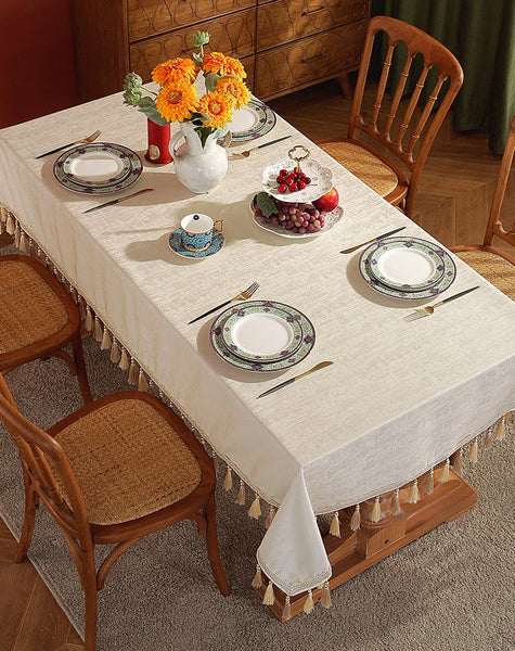 Modern Rectangle Tablecloth for Kitchen, Beige Fringes Tablecloth for Home Decoration, Square Tablecloth for Round Table, Large Simple Table Cloth for Dining Room Table-HomePaintingDecor